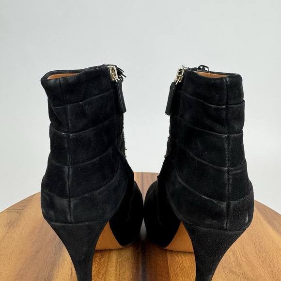 Womens Gucci Black Suede Fringe Trim Platform Heeled Ankle Boots Size EU 37.5‎